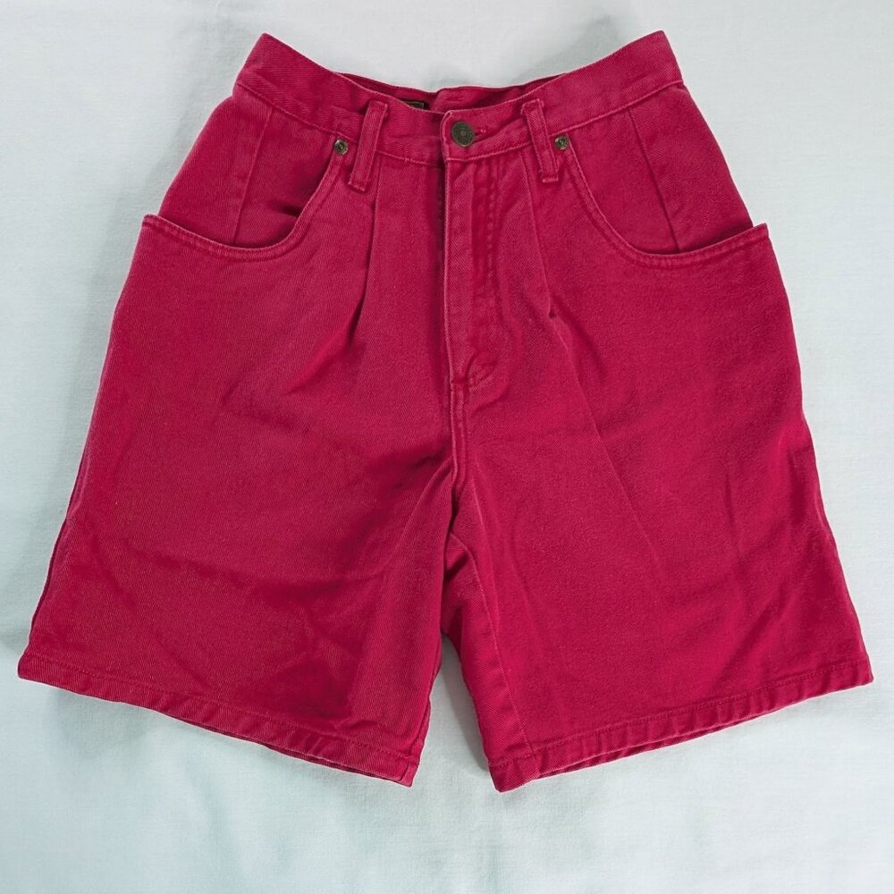 VTG Eddie Bauer Pink Pleated Front Long Length High Rise Jean Shorts Jorts
